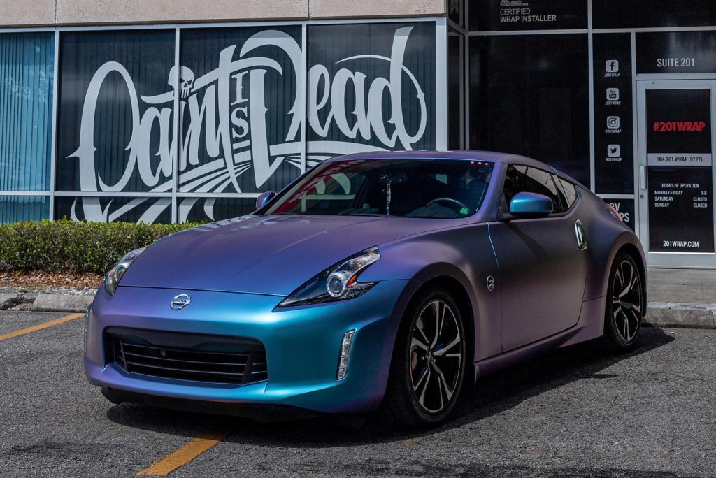 Nissan 370z with blue iridescent wrap
